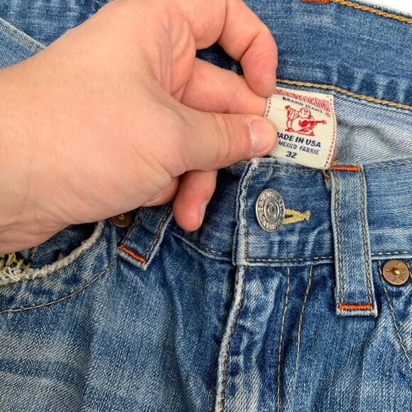 VINTAGE True Religion Jeans Size 32 STRAIGHT Trashed Rope Stitch Horseshoe - Picture 2 of 9